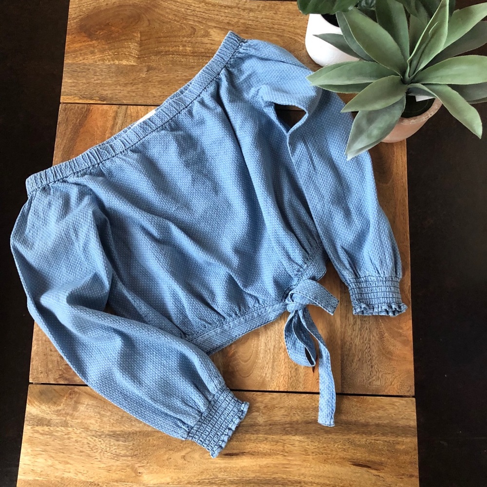 Off Shoulder Chambray Polka Dot Top